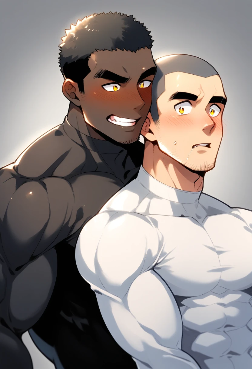 anime characters：Two superheroes in tights, Muscle superhero, Buzz Cut, negro black skin, They hugged and kissed each other, Bite your neck, Caress, Manliness, male focus, Yellow and black high collar long sleeve tight T-shirt, Slightly transparent material, Very tight, Round, full and perky chest muscles, Male dog waist, Slightly transparent, muscular male, muscular, only, Upper body, alone, Black short hair, Thick eyebrows, stubble, Yellow eyes, Grey background, simple background, amazing quality, best aesthetics, Ridiculous, bright pupils, crew cut, parted lips, torogao, naughty face, blush, saliva trail, drop shadow, best quality