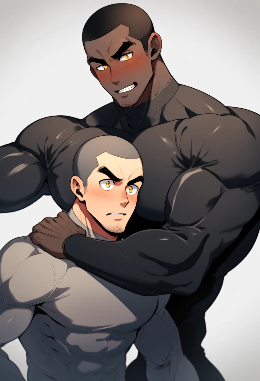 anime characters:Two superheroes in tights, Muscle superhero, Buzz Cut, negro black skin, They hugged and kissed each other, Bite your neck, Caress, Manliness, male focus, Yellow and black high collar long sleeve tight T-shirt, Slightly transparent material, Very tight, Round, full and perky chest muscles, Male dog waist, Slightly transparent, muscular male, muscular, only, Upper body, alone, Black short hair, Thick eyebrows, stubble, Yellow eyes, Grey background, simple background, amazing quality, best aesthetics, Ridiculous, bright pupils, crew cut, parted lips, torogao, naughty face, blush, saliva trail, drop shadow, best quality