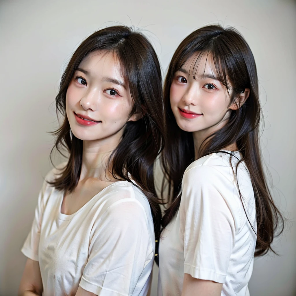 Highest quality, Face Focus, Soft Light, Ultra-high resolution, (Realistic:1.4), RAW Photos, 1 Japanese girl, alone, cute, (A happy smile), (Brown eyes, Light in your eyes), Beautiful face in every detail, (Small box),(High resolution detail of human skin texture), (Long Hair), White wall、Distant View、Wearing a T-shirt
