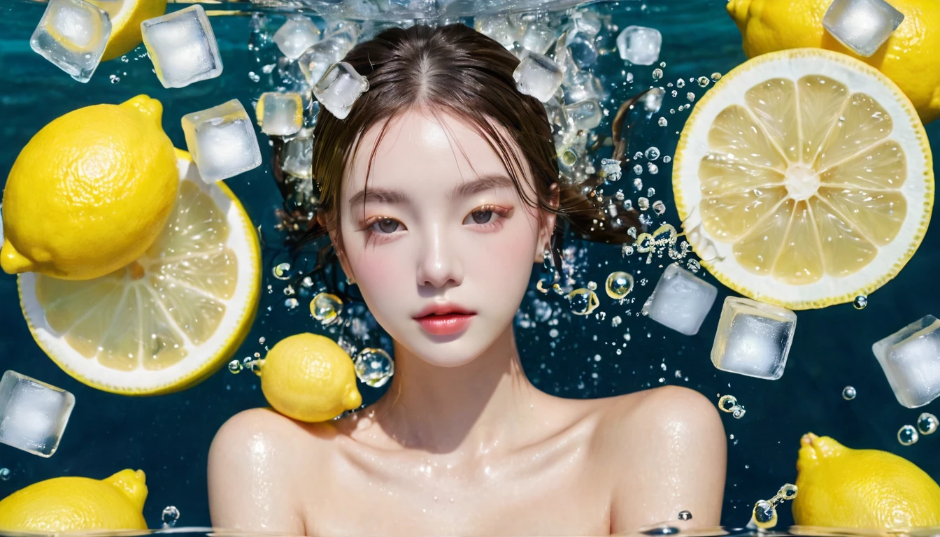 Summer Lemon Girl,Dopamine teenage, Cool summer days,Ice cubes,The watery girl,Delicate skin,Hydration,Shiny,Shiny,dream,Front view,bust,pearl,Lemon fruit