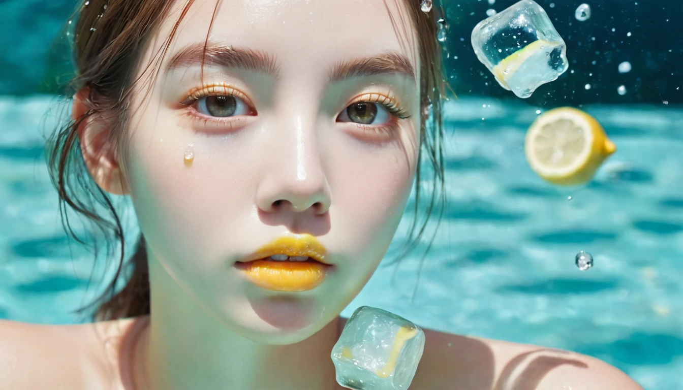 Summer Lemon Girl,Dopamine age, Cool summer days,Ice cubes,The watery girl,Delicate skin,Hydration,Shiny,Shiny,dream,Front view,bust,pearl,Lemon fruit
