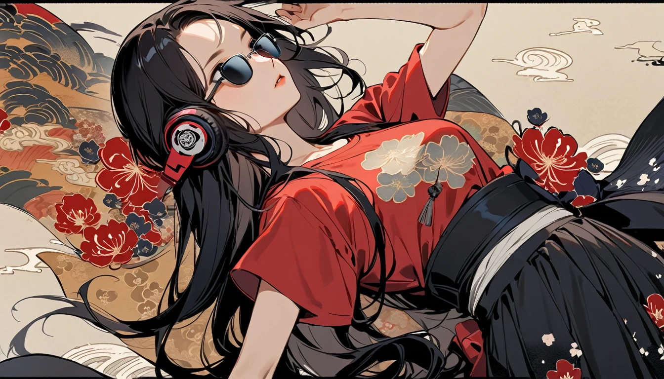 Highest quality, Katsushika Hokusai, Ink Painting, (((longhair))), (((1 girl))), (((Pale red T-shirt))), (((sunglasses))), Japanese style headphones, Red spider lily, beautiful girl, Black Hair, Delicate and precise, Modern ukiyo-e style