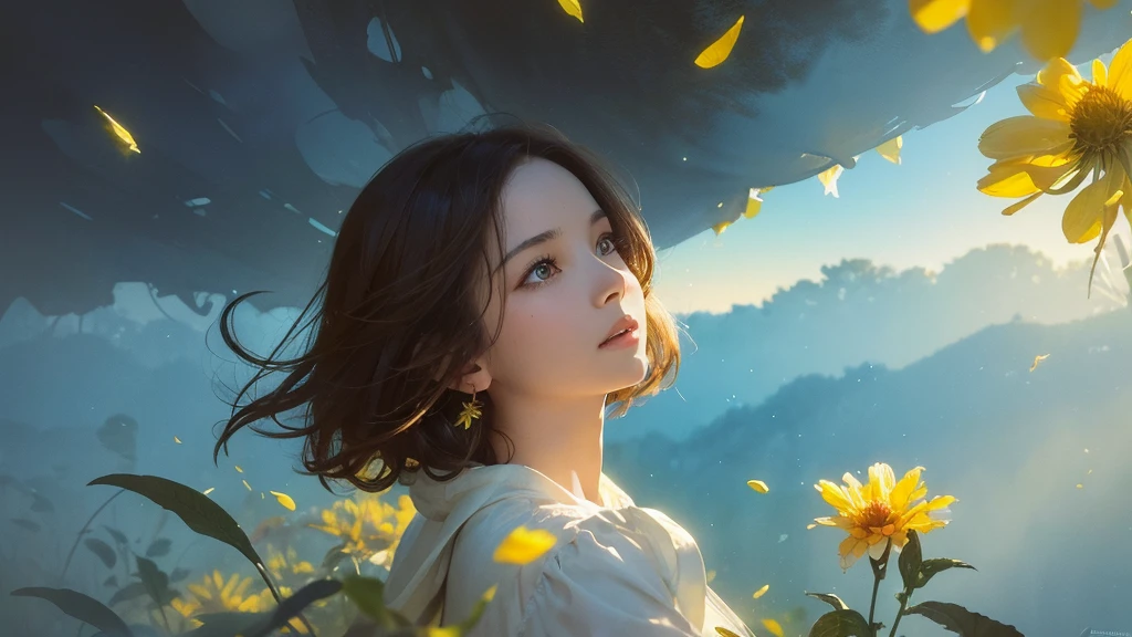 32k, Masterpiece, Highest quality, One girl, Brown Hair, Detailed eyes, flower,Dahlia, Light blue and yellow style,A dreamy, romantic piece,Pale yellow, Mysterious Leaves,A playful arrangement,Fantasy,High Contrast,Ink strokes,explosion,Exposure, Impression of light blue and yellow tones,Abstract,((Watercolours by John Berkey and Jeremy Mann )) Brush strokes,Negative Space, Tyndall effect,
