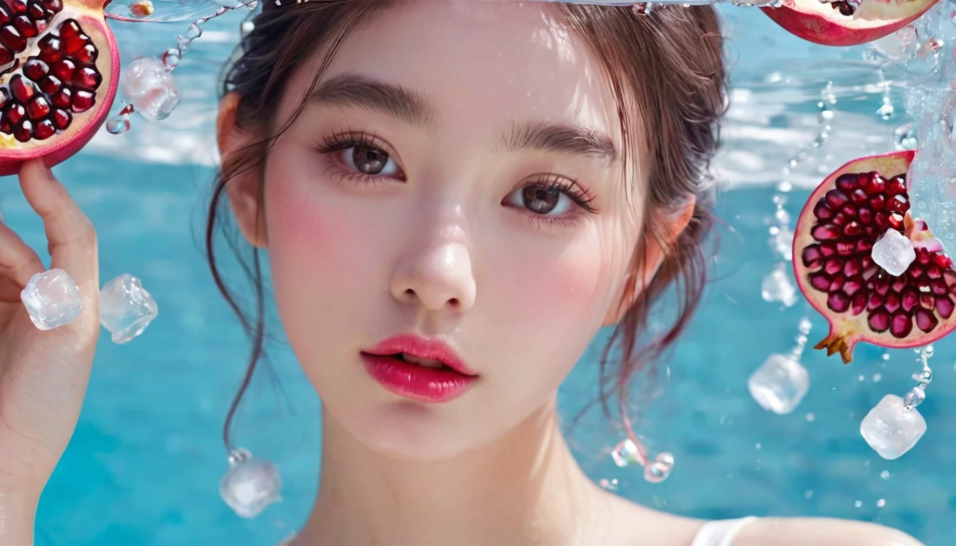 Summer Pomegranate Girl,Dopamine teenage, Cool summer days,Ice cubes,The watery girl,Delicate skin,Hydration,Shiny,Shiny,dream,Front view,bust,pearl,Pomegranate fruit