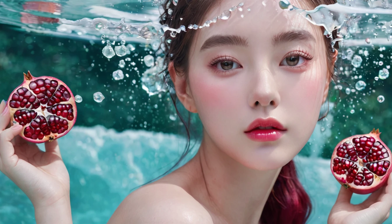 Summer Pomegranate Girl，Dopamine teenage， Cool summer days，Ice cubes，The watery girl，Delicate skin，Hydration，Shiny，Shiny，dream，Front view，bust，pearl，Pomegranate fruit