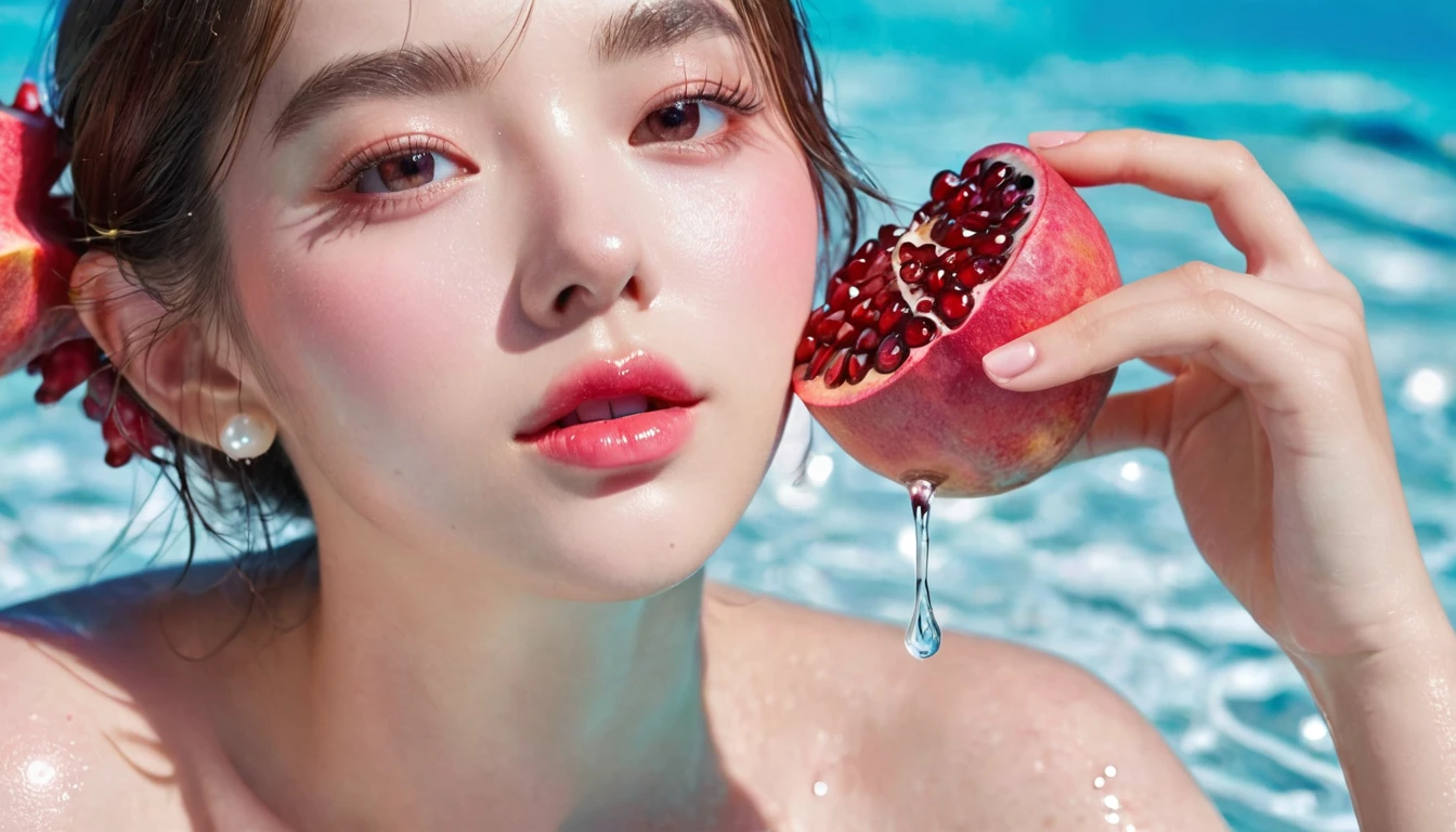 Summer Pomegranate Girl,Dopamine age, Cool summer days,Ice cubes,The watery girl,Delicate skin,Hydration,Shiny,Shiny,dream,Front view,bust,pearl,Pomegranate fruit
