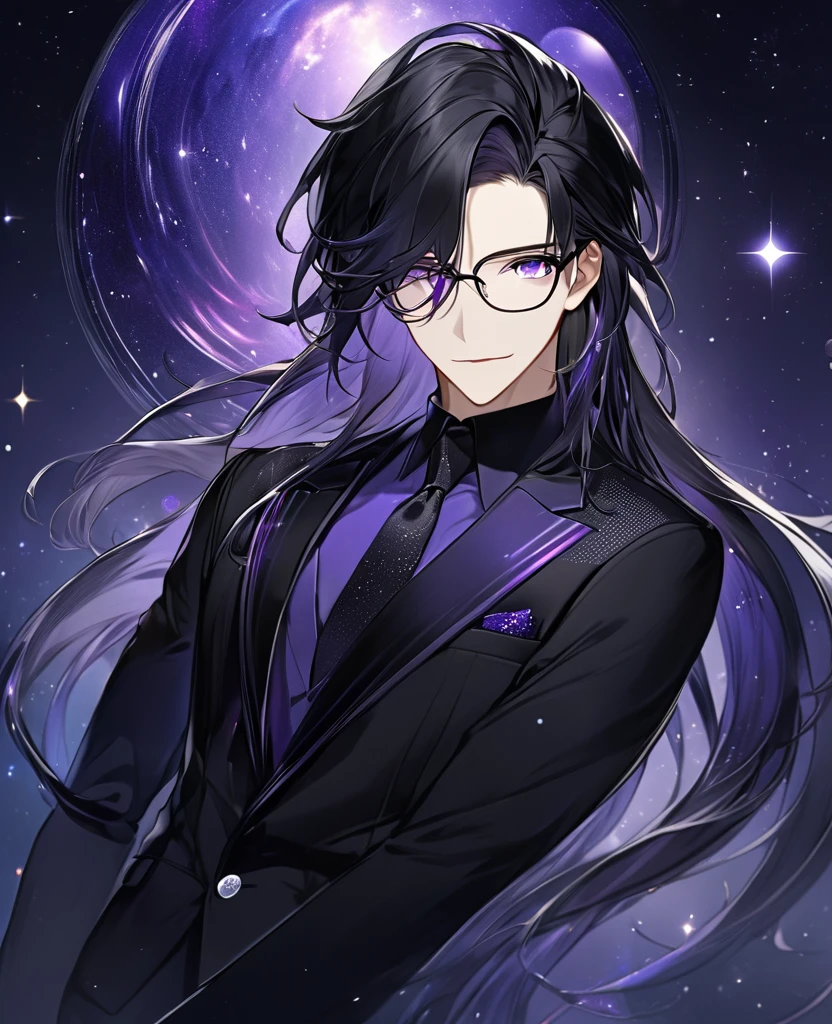(black_hair), (long_male_hair), (deep_purple_eyes), (detailed_eyes), (attractive), (emotionless), (Deep_space_background), (male), (wearing _a_black_suit), (long_male_hair), (detailed_Hair), (detailed), (detailed_mouth), (mysterious), (complicated), (wears_transparent_glasses), (glasses_shape_square)