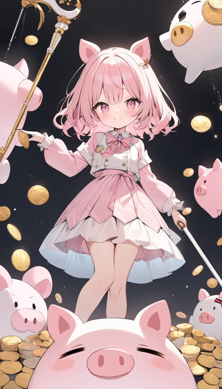 best quality, masterpiece, a cane weapon design, with a semi transparent pink pig piggy bank at the tip, the tip of the cane has a semi transparent coin slot, a floating gold coin pile in the piggy bank, and the connection between the tip and the cane is a bright U-shaped magnet, a quirky style,