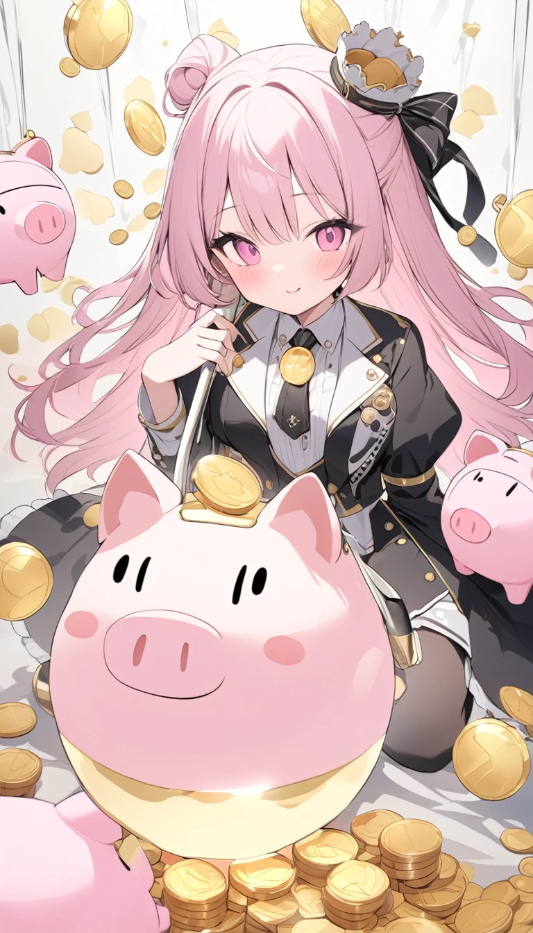 best quality, masterpiece, a cane weapon design, with a semi transparent pink pig piggy bank at the tip, the tip of the cane has a semi transparent coin slot, a floating gold coin pile in the piggy bank, and the connection between the tip and the cane is a bright U-shaped magnet, a quirky style,