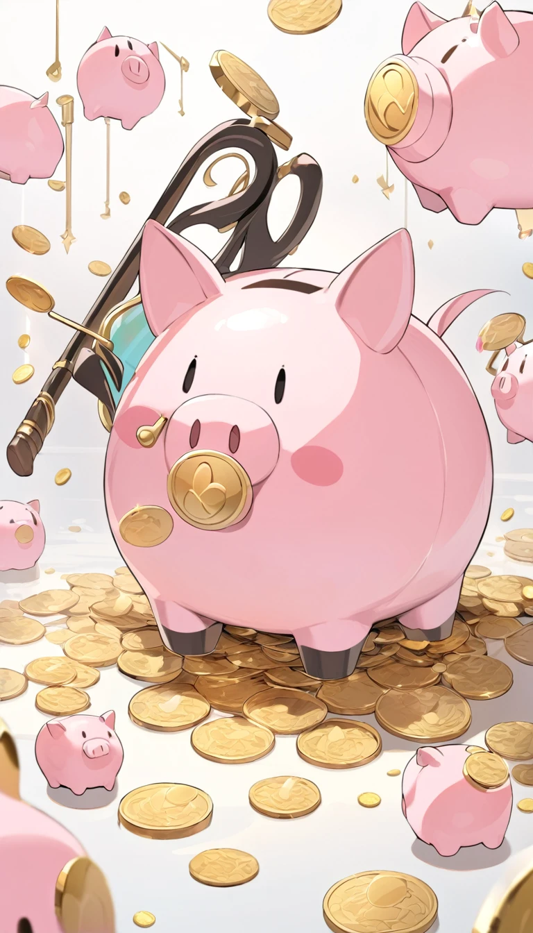 best quality, masterpiece, a cane weapon design, with a semi transparent pink pig piggy bank at the tip, the tip of the cane has a semi transparent coin slot, a floating gold coin pile in the piggy bank, and the connection between the tip and the cane is a bright U-shaped magnet, a quirky style,