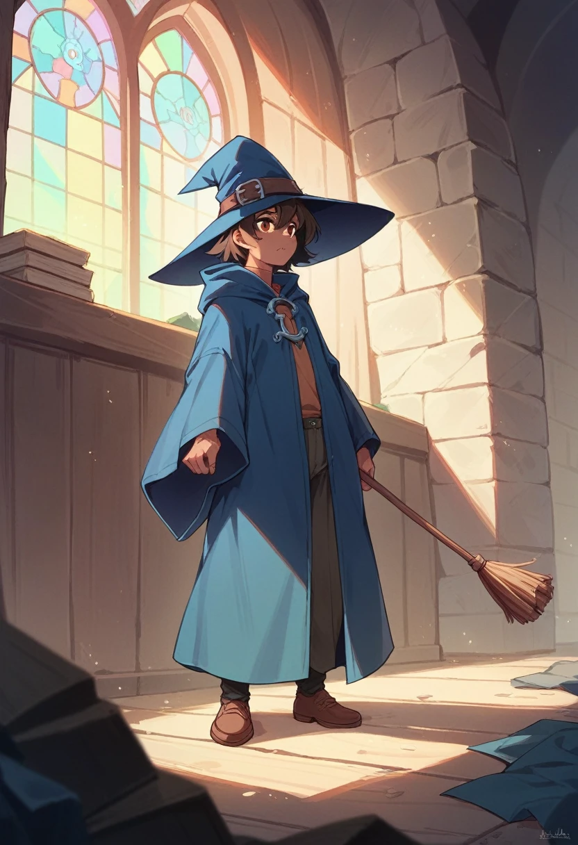 a witch (no broom or hat and stuff) with dark greenish faded blue clothes and very dark redish hair in a wooden church in a cave