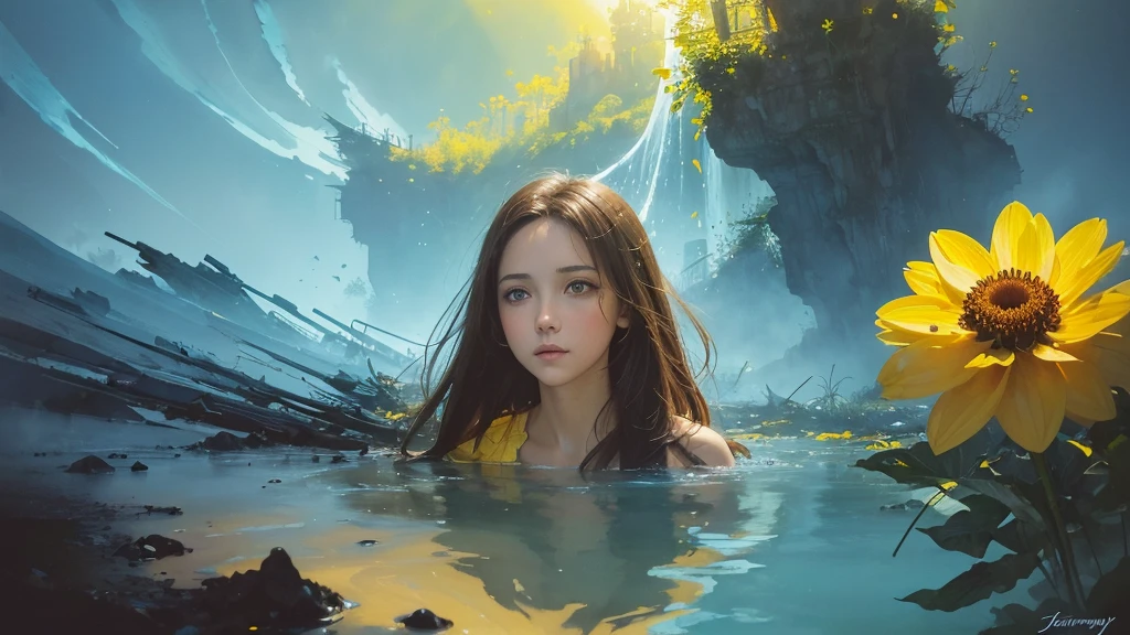 32k, Masterpiece, Highest quality, One girl, Brown Hair, Detailed eyes, flower,Dahlia, Light blue and yellow style,A dreamy, romantic piece,Pale yellow, Mysterious Leaves,A playful arrangement,Fantasy,High Contrast,Ink strokes,explosion,Exposure, Impression of light blue and yellow tones,Abstract,((Watercolours by John Berkey and Jeremy Mann )) Brush strokes,Negative Space, Tyndall effect,