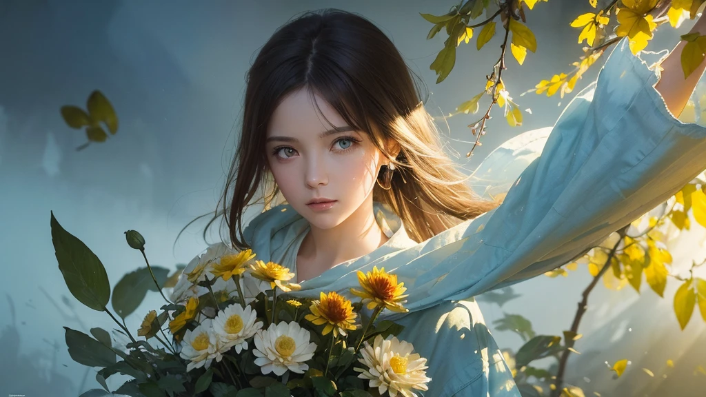 32k, Masterpiece, Highest quality, One girl, Brown Hair, Detailed eyes, flower,Dahlia, Light blue and yellow style,A dreamy, romantic piece,Pale yellow, Mysterious Leaves,A playful arrangement,Fantasy,High Contrast,Ink strokes,explosion,Exposure, Impression of light blue and yellow tones,Abstract,((Watercolours by John Berkey and Jeremy Mann )) Brush strokes,Negative Space, Tyndall effect,