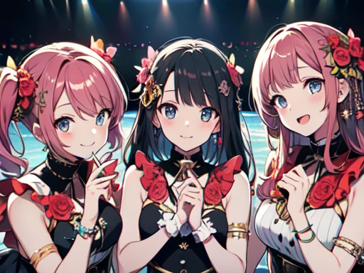 On a colorful stage, several idols are smiling and kissing each other on the cheek