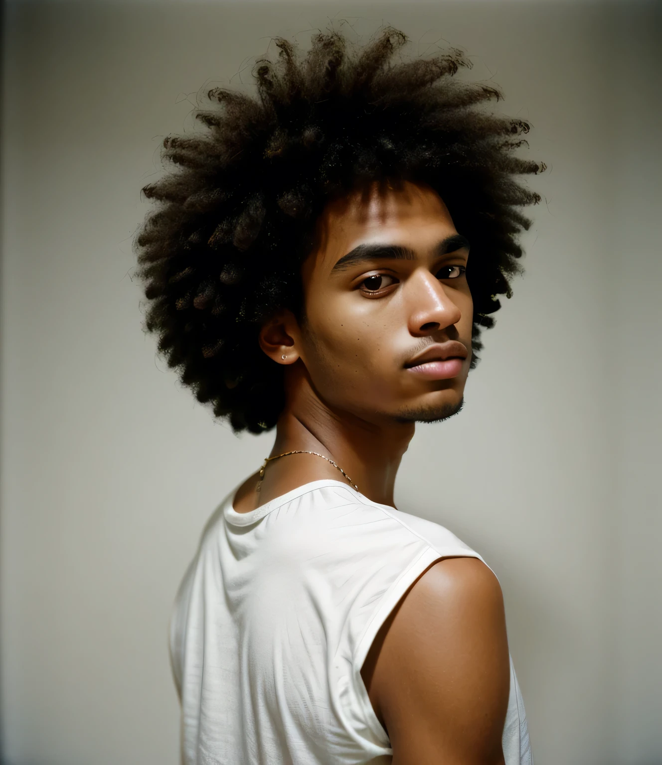 ultra-high-resolution 8K, best quality, (photo realistic:1.4), fashion model, american, man, 20years old, medium brown skin, square face, black and small eyes, stern eyes, thick and straight eyebrows, snub nose, plump lips, fair skin with detailed and realistic skin texture, afro-textured hair, medium hair, single eyelid, closed mouth, wearing white no-sleeve top, exuding the vibe of a fashion model with a neutral, serious expression, (from behind), upper body, detailed hair, hollow cheeks,portrait lighting, epiC35mm