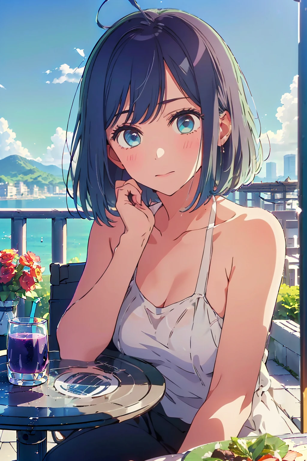 (Highest quality:1.4、masterpiece:1.4、超detailed:1.4、Ultra-high resolution:1.4、Absurd:1.4、Absolute Resolution:1.4、8K:1.4、detailed:1.4)、Slim body、((((1 person、Surprised expression、sit、Chair、In the background are the urban buildings of Tokyo、looking at the camera、Outdoor café terrace、Navy hair color、juice、table、Very cute face))))、((((nude、very beautiful areola、valley))))、(Pose with hands tucked behind ears:1.4、Cheek resting on hand:1.4)、(Tank top)、Very blue sky、A completely cloudless sky