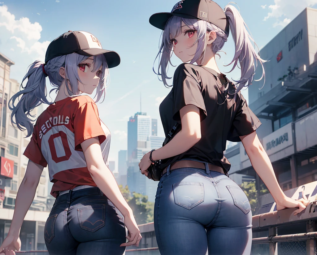 (Close-up:1.3),Realistic,Highest quality, Super detailed, High-quality CG rendering, The most delicate and beautiful, Floating softly, High resolution, (1 girl), (Highest quality,4K,8K,masterpiece:1.2), Light purple hair,(Very long ponytail:1.5),Red eyes,(Pure white oversized short sleeve T-shirt:1.3),(Black skinny jeans:1.3),(Pure white baseball cap:1.3),In the city,old buildings,(Turn your back to your audience:1.3),Butt