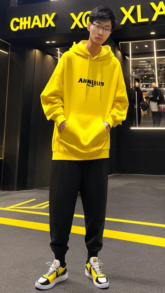 21 year old Shanghai boy, he is ((oversized xxl yellow plain hoodie)), wearing black pants, wearing sneakers, wearing glasses, night club, fully body, (he is 한국 머리카락입니다)  k pop style