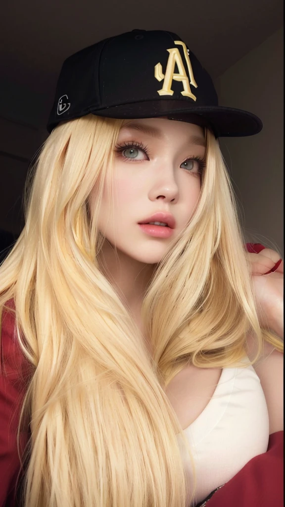 a Close up of a woman with long blonde hair wearing a baseball cap, Cl, ava max, parque roseanne de blackpink, light yellow hair, extremely light blonde hair, with white long hair, with long blonde hair, A girl with blonde hair, long YELLOW hair, medium yellow blonde hair, with long white hair, Asian with long hair, very light blonde hair