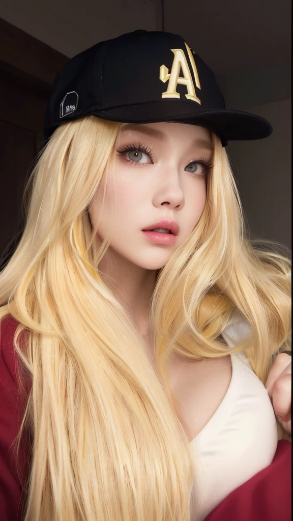 a Close up of a woman with long blonde hair wearing a baseball cap, Cl, ava max, parque roseanne de blackpink, light yellow hair, extremely light blonde hair, with white long hair, with long blonde hair, A girl with blonde hair, long YELLOW hair, medium yellow blonde hair, with long white hair, Asian with long hair, very light blonde hair