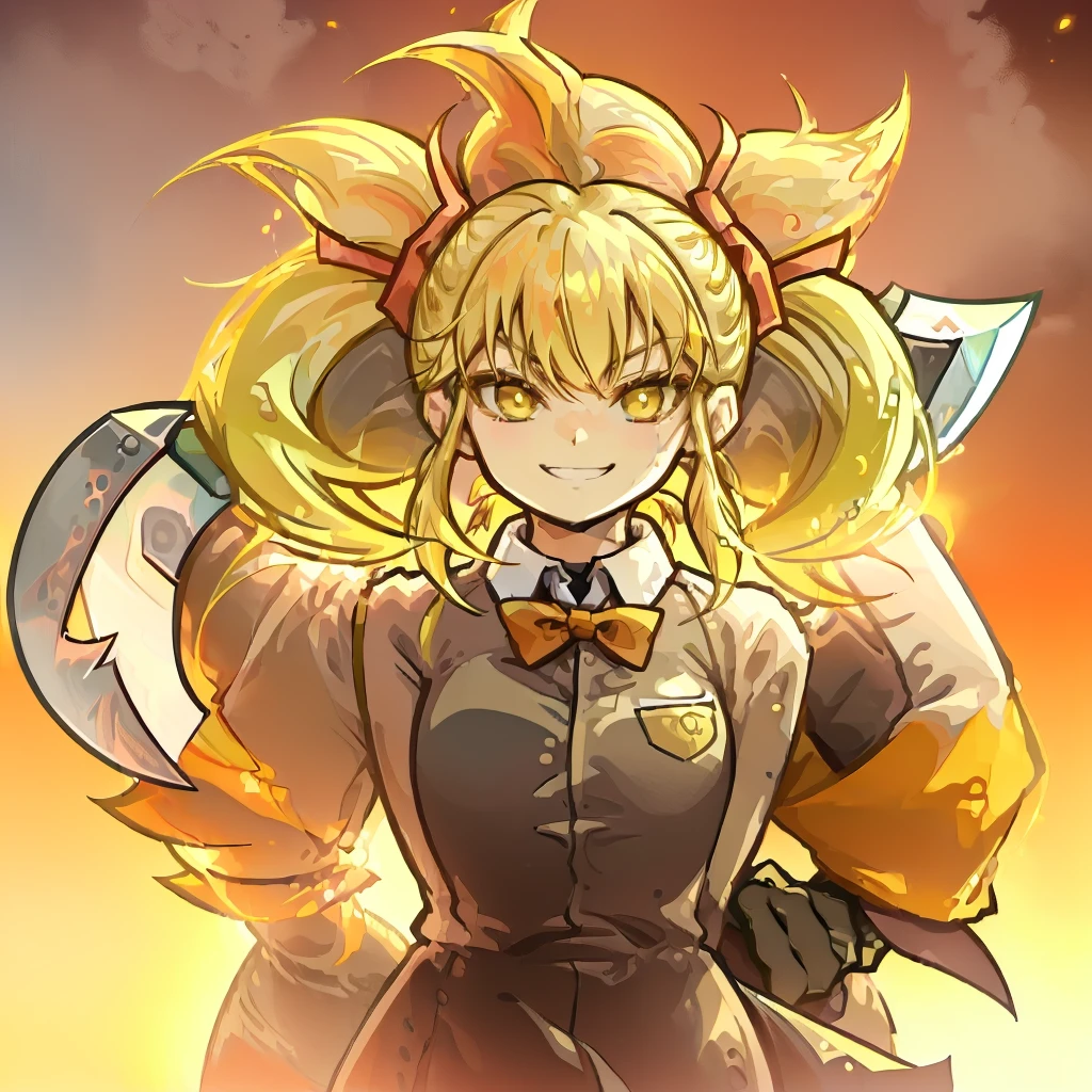 (((Shinomiya Kikoru　Big Axe)))　((Yellow Hair　Twin tails　uniform))　(smile　Jump)　sunset　Shining Background　Shining Edge