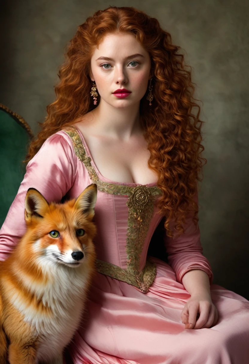 22 year old non-Oriental noble woman from the 17th century, slightly overweight, beautiful with long red curly hair, greenish eyes and full, red lips, serious expression, wearing a pink dress with gold flower details, has a pet fox