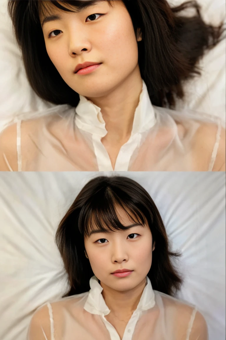 ((lying:1.5)), ((lying:1.5)), ((lying:1.5)), ((lying:1.5)), ((overhead shot:1.5)), ((overhead shot:1.5)), ((overhead shot:1.5)), ((Supine Position:1.5)), ((Photographed from directly above:1.5)), ((take a photo from directly above:1.5)), ((From above:1.5)), ((Photographed from directly above:1.5)), ((on bed:1.5)), ((on bed:1.5)), ((Hotel Bed:1.5)).
((beautiful straight black long hair:1.5)), ((beautiful straight black long hair:1.5)), (bangs:1.7), (small natural breasts:1,7), ((flat chest:1.8)).
((crying:1.5)), ((crying:1.5)), ((shy:1.5)), ((shy:1.5)), ((shame:1.5)), ((blush:1.5)),
((one woman,1 female)), ((wearing a transparent white blouse:1.5)), ((mini skirt:1.5)).
((looking at viewer:1.5)), ((look into the viewer's eyes:1.5)), ((Looking into the camera:1.5)), ((Viewer's line of sight:1.5)), ((Elderly face:1.5)), strong maternal qualities, Staring at this, Face is close, Staring at this, Ultra-fine, Beautiful Hair, Transparent Photo, Have a look at this, Perfect Fingers, Perfect Face, Detailed Background, Fair skin, Translucent white skin, Perfect Fingers, Detailed Background, Highest quality, very High resolution, Perfect Anatomy, High resolution, RAW color photos, Professional photography, Very delicate, Very detailed, Finely detailed, Large file size, Best image quality, 16K, Award-winning works, Tabletop, Professional Photography,