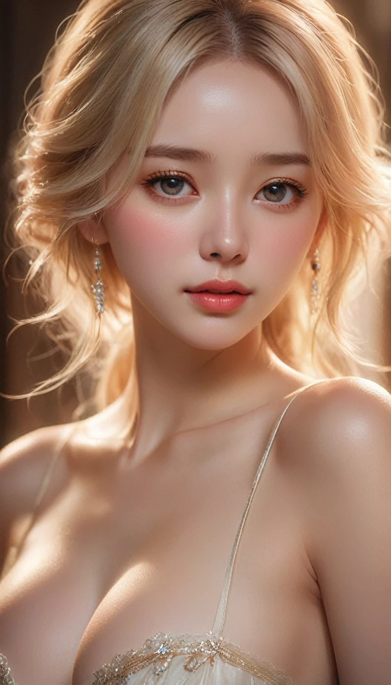 The upper body of a beautiful young blonde woman with a tear running down her cheek。European face、Her eyes were filled with deep emotion、It should shine with unshed tears。Her skin is smooth and radiant、It should have detailed textures that enhance realism。The lighting is soft and warm、It gives off a gentle glow that accentuates her delicate features and tears.。The background is softly blurred、Full focus on expressive faces。To add to the overall beauty and emotion of the scene、Include subtle details like the stray hairs that softly frame her face.,(masterpiece:1.3)、(Highest quality:1.4)、(Super detailed:1.5)、High resolution、Very detailed、A unified 8k wallpaper、Beautiful breasts、