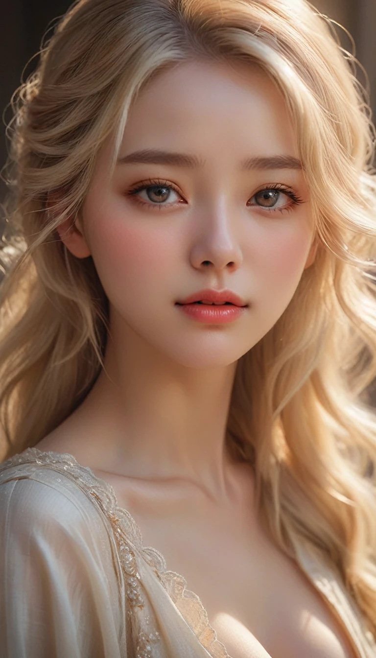 The upper body of a beautiful young blonde woman with a tear running down her cheek。European face、Her eyes were filled with deep emotion、It should shine with unshed tears。Her skin is smooth and radiant、It should have detailed textures that enhance realism。The lighting is soft and warm、It gives off a gentle glow that accentuates her delicate features and tears.。The background is softly blurred、Full focus on expressive faces。To add to the overall beauty and emotion of the scene、Include subtle details like the stray hairs that softly frame her face.,(masterpiece:1.3)、(Highest quality:1.4)、(Super detailed:1.5)、High resolution、Very detailed、A unified 8k wallpaper、Beautiful breasts、