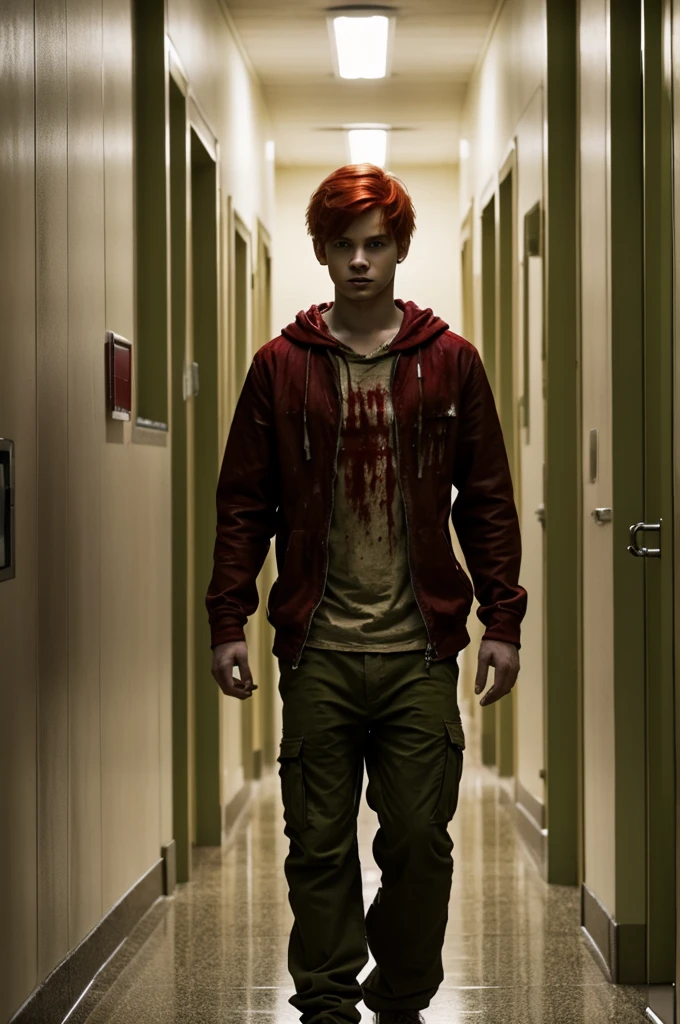 Red-haired boy with green eyes, dressed in blood stained clothes in a hospital hallway