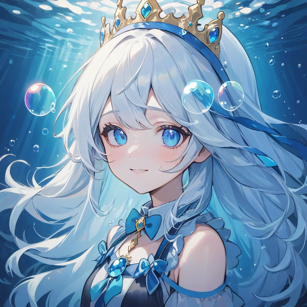 furina,1girl, blue eyes, solo, hat, long hair, looking at viewer, smile, blue hair, underwater, bangs, bubble, hair between eyes, white hair, upper body, closed mouth, crown, multicolored hair, air bubble, light rays, ribbon, virtual youtuber, gem(best quality), ((masterpiece)), (highres), (an extremely delicate and beautiful), sunglasses,