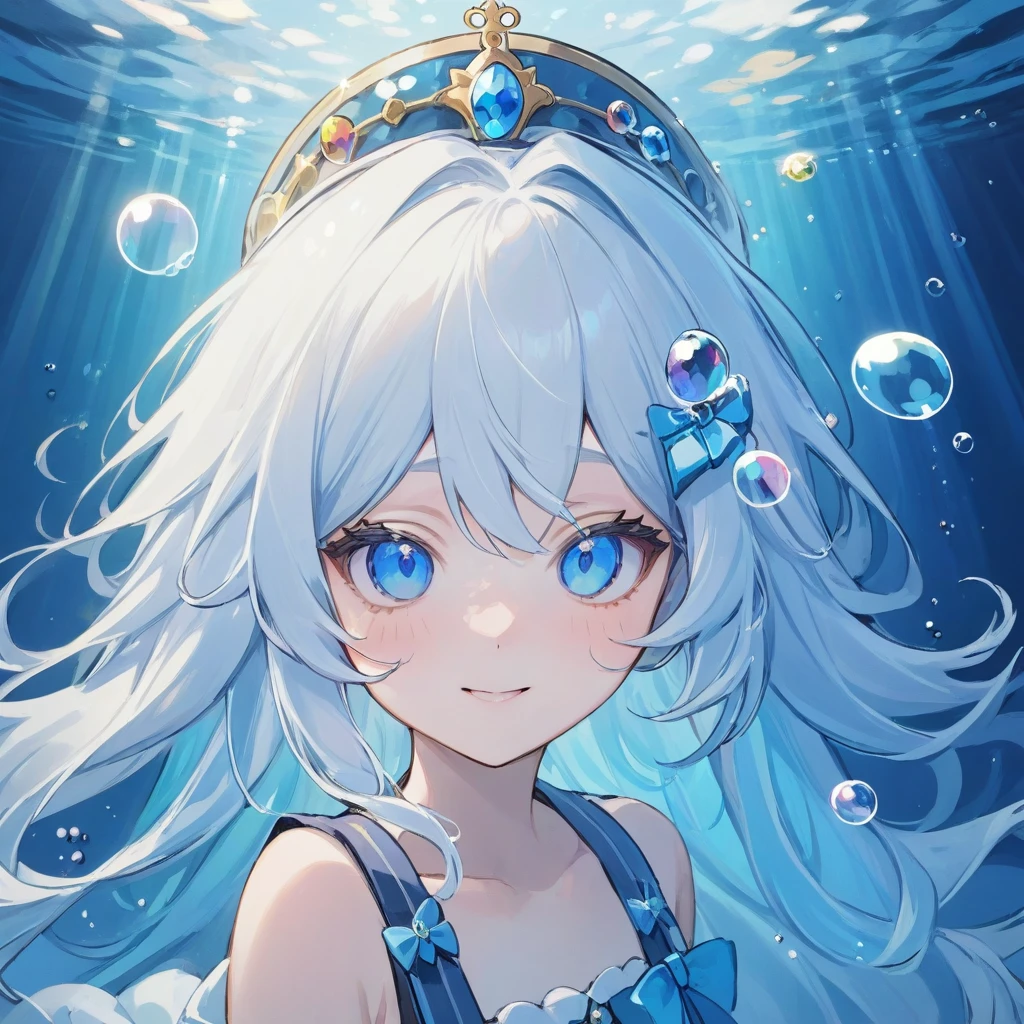 furina,1girl, blue eyes, solo, hat, long hair, looking at viewer, smile, blue hair, underwater, bangs, bubble, hair between eyes, white hair, upper body, closed mouth, crown, multicolored hair, air bubble, light rays, ribbon, virtual youtuber, gem(best quality), ((masterpiece)), (highres), (an extremely delicate and beautiful), sunglasses, 