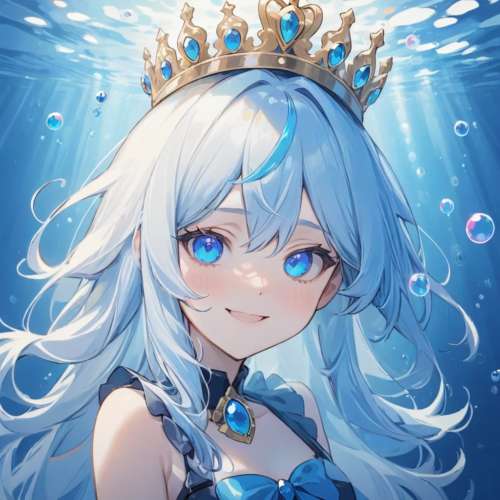 furina,1girl, blue eyes, solo, hat, long hair, looking at viewer, smile, blue hair, underwater, bangs, bubble, hair between eyes, white hair, upper body, closed mouth, crown, multicolored hair, air bubble, light rays, ribbon, virtual youtuber, gem(best quality), ((masterpiece)), (highres), (an extremely delicate and beautiful), sunglasses, 