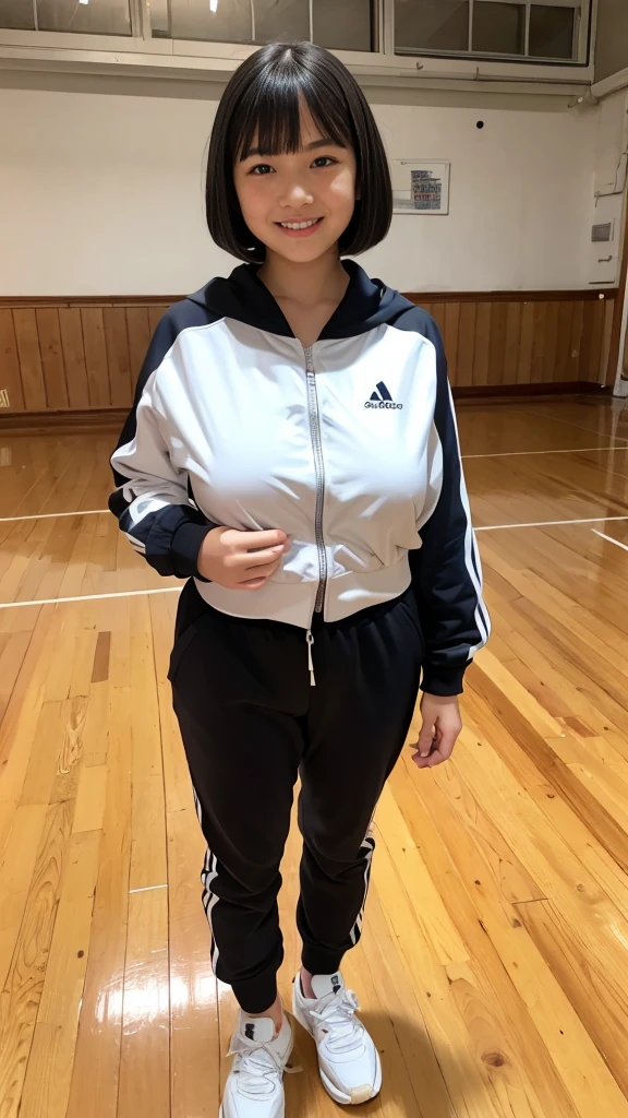 masterpiece, highest quality, 8K, Young beautiful girl, (Clothed large breasts, large breasts), white track suit, black bob cut, Cute face, looking away, cute smile face、No makeup, Ten generations, Detailed face, Background bokeh、((18 years old))、full body, school, in wooden floor gym room, Low Key Lighting
