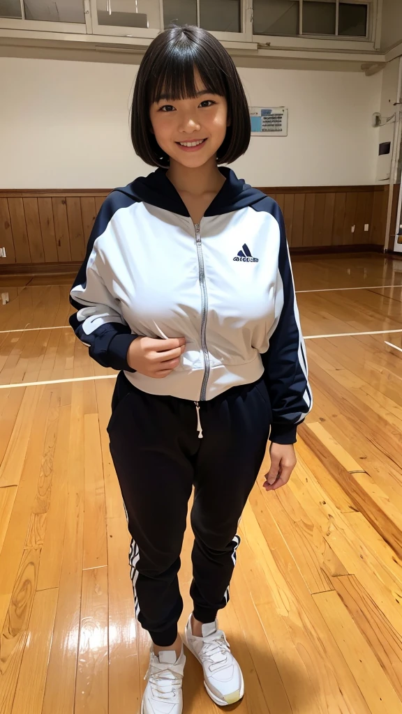masterpiece, highest quality, 8K, Young beautiful girl, (Clothed large breasts, large breasts), white track suit, black bob cut, Cute face, looking away,  cute smile face、No makeup, Ten generations, Detailed face, Background bokeh、((18 years old))、full body, school,  in wooden floor gym room, Low Key Lighting