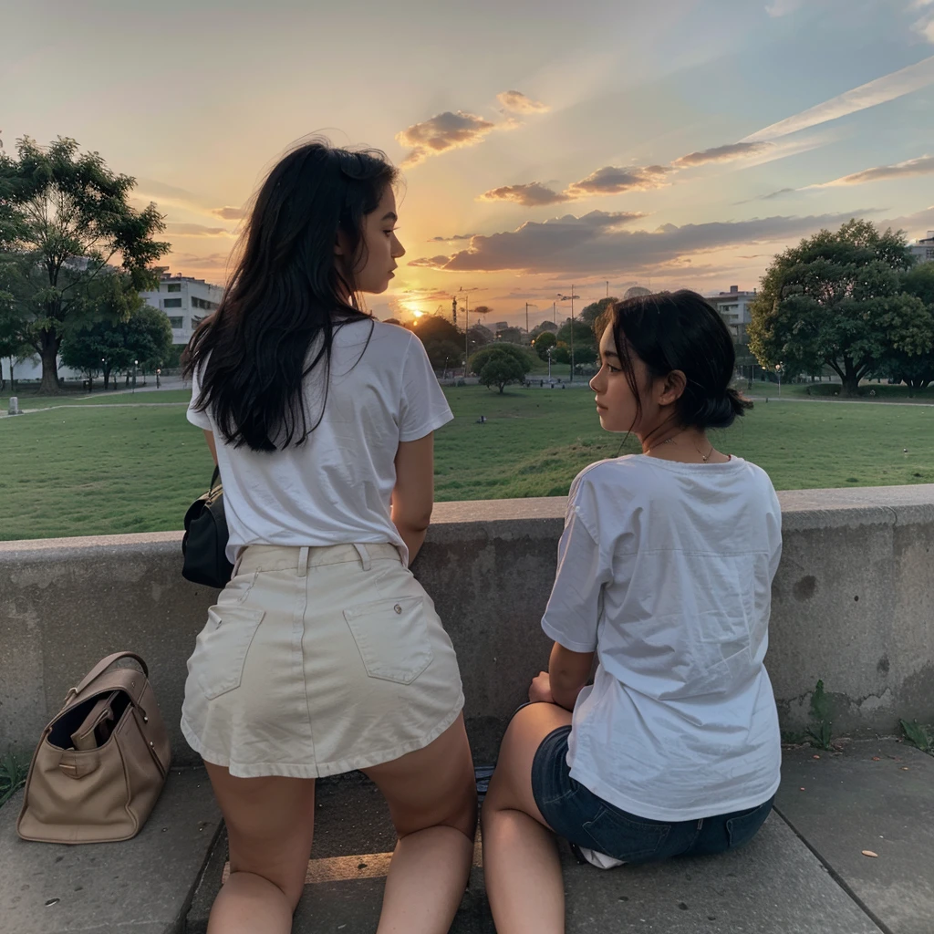 18 year old girl with slightly short black hair looking at the sunset from behind sitting on a park bench in CDMX not looking at the camera but at the landscape