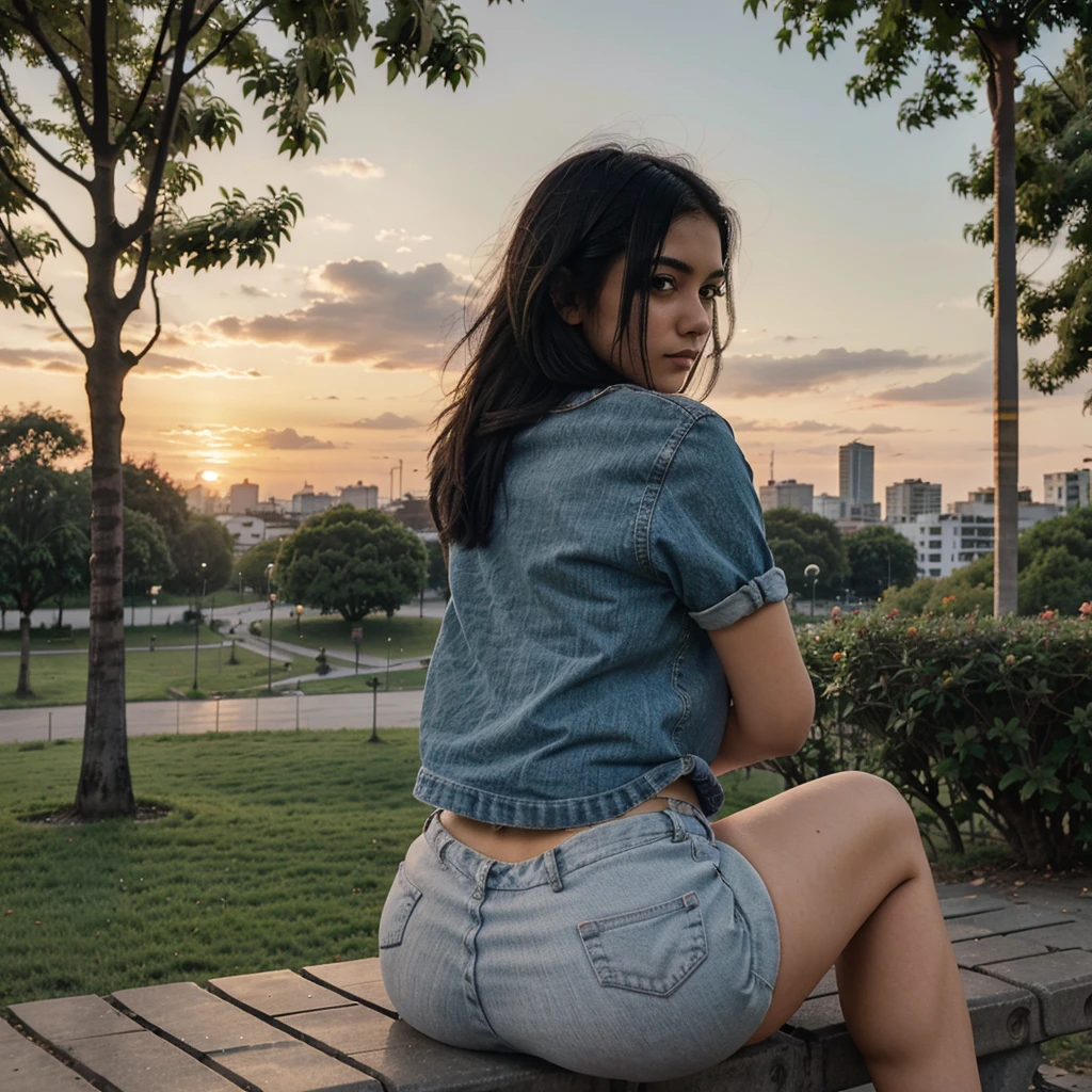 18 year old girl with slightly short black hair looking at the sunset from behind sitting on a park bench in CDMX not looking at the camera but at the landscape