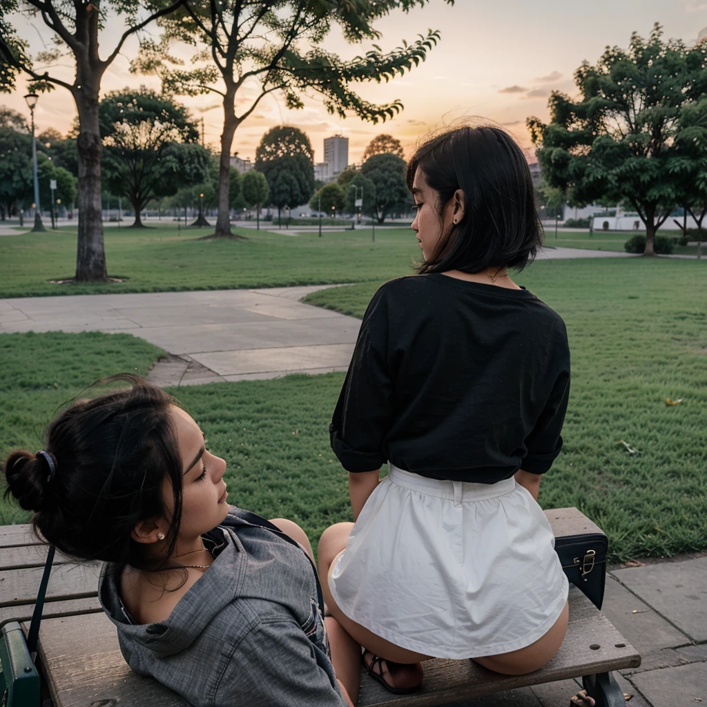 18 year old girl with slightly short black hair looking at the sunset from behind sitting on a park bench in CDMX not looking at the camera but at the landscape 