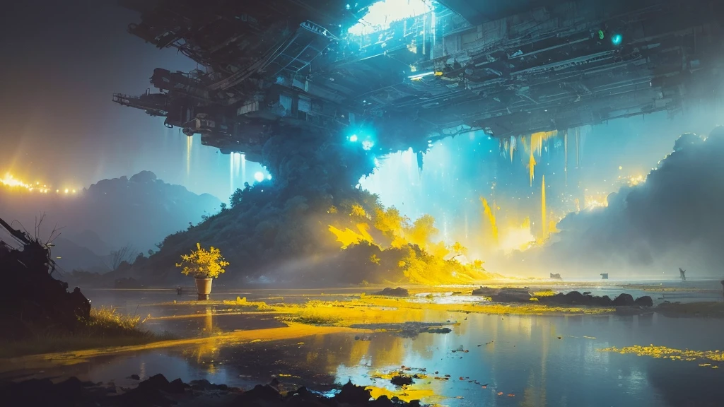 32k, Masterpiece, Highest quality, One girl, Brown Hair, Detailed eyes, flower,Dahlia, Light blue and yellow style,A dreamy, romantic piece,Pale yellow, Mysterious Leaves,A playful arrangement,Fantasy,High Contrast,Ink strokes,explosion,Exposure, Impression of light blue and yellow tones,Abstract,((Watercolours by John Berkey and Jeremy Mann )) Brush strokes,Negative Space, Tyndall effect,