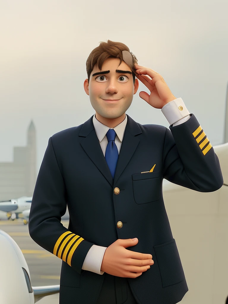 an airline pilot, in his pilot's outfit, against the backdrop of planes at an airport
