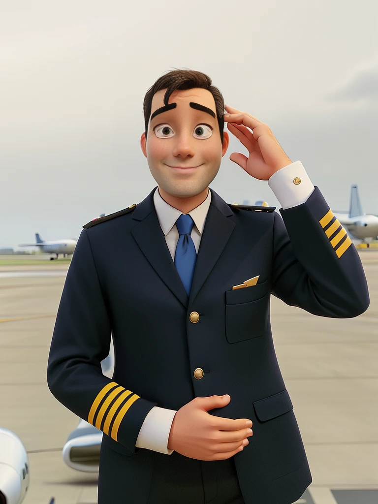 an airline pilot, in his pilot's outfit, against the backdrop of planes at an airport