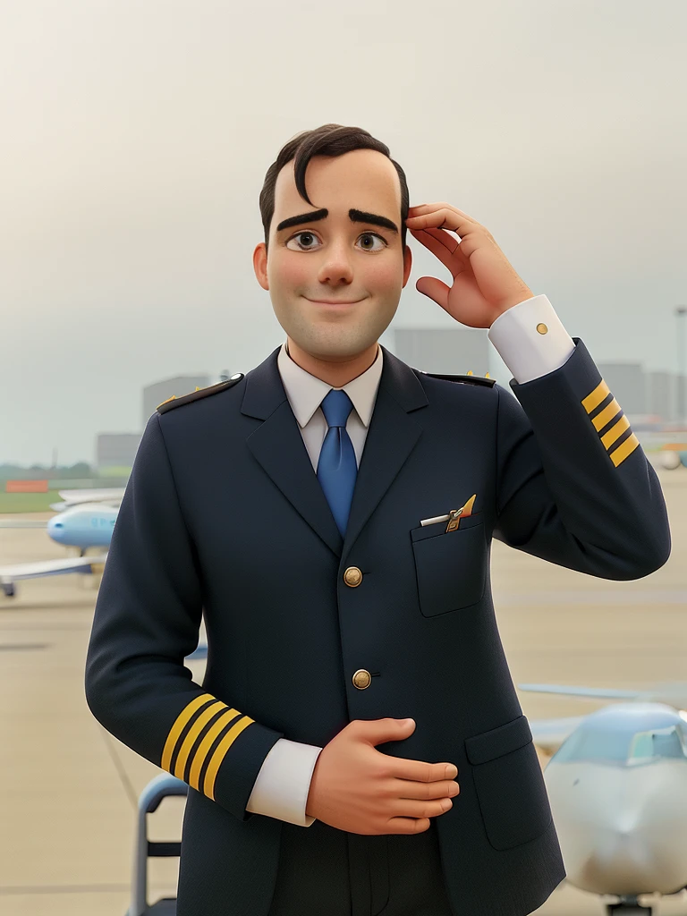 an airline pilot, in his pilot's outfit, against the backdrop of planes at an airport