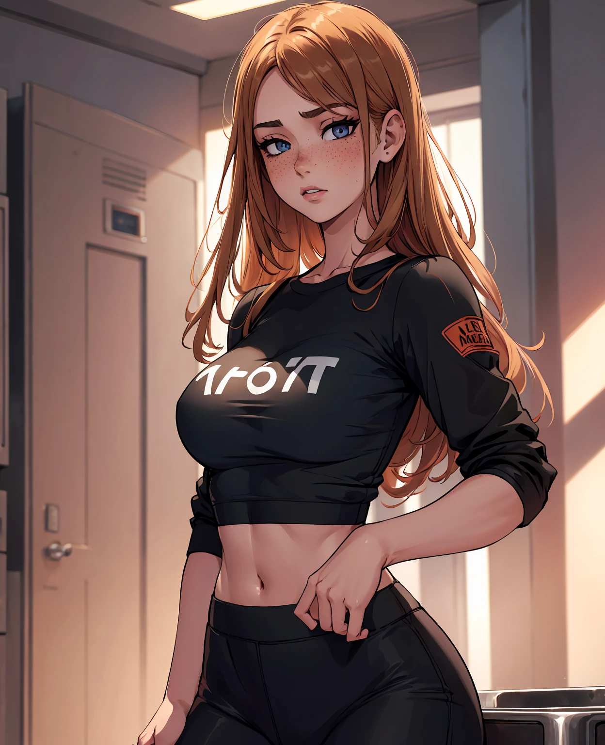 ultra realistic photo, ((21 year old girl wearing training bra)), deanwo, (narrow hips), (freckles: 1.0), 1girl, blush, masterpiece, best quality, absurd, award-winning photo, extreme detail, extremely intricate,, detailed face + eyes, natural lighting, realistic, highly detailed, photography, masterpiece, high quality, high quality, highres, sexy, lovely, detailed face, full body, beautiful face, open black shirt, goosebumps, 1solo, 1girl