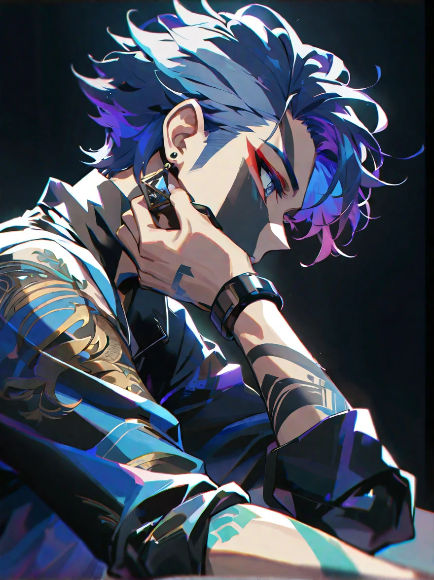 masterpice,solo, short hair, blue eyes, shirt, long sleeves, 1boy, jewelry, sitting, closed mouth, upper body, blue hair, dark blue hair, male focus, earrings, from side, black shirt, tattoo, profile, makeup, looking down, black background, sleeves rolled up, eyeshadow, head rest, arm tattoo, neck tattoo