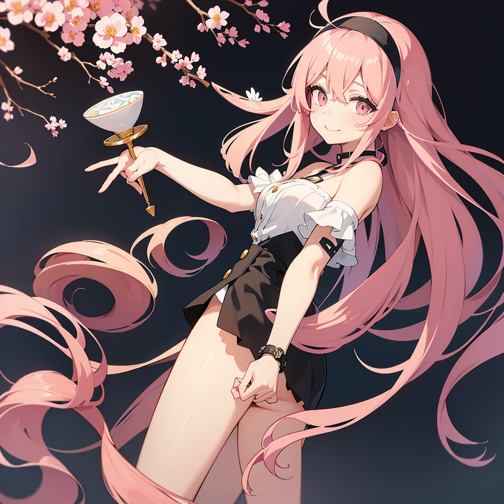 She is an anime style girl, She has long, wavy pink hair that fades to a lighter shade at the ends. She wears a black sleeveless button-front blouse and what appears to be a choker necklace.. He also has a white accessory on his head., similar to a hat or headband adorned with flowers on one side, He is posing at an angle of 3/4 looking over his shoulder very happy.