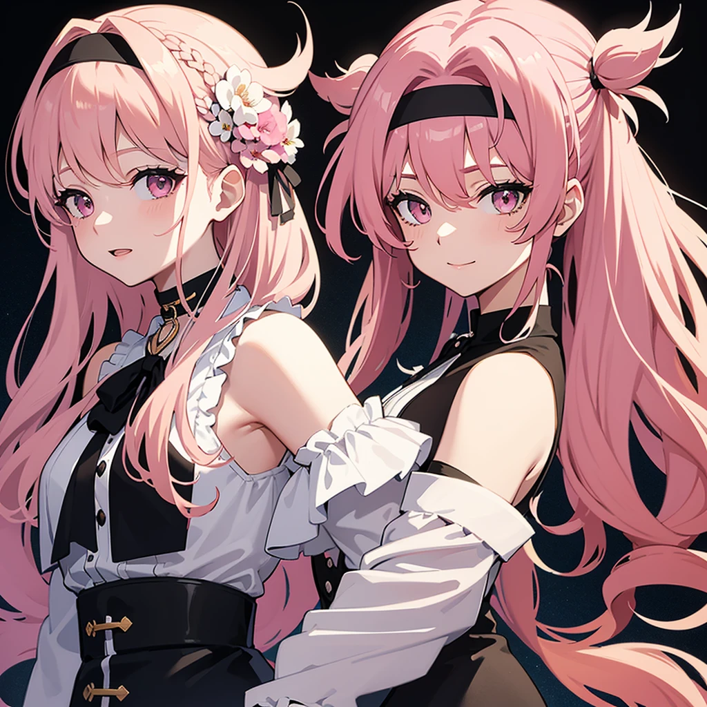 She is an anime style girl, She has long, wavy pink hair that fades to a lighter shade at the ends. She wears a black sleeveless button-front blouse and what appears to be a choker necklace.. He also has a white accessory on his head., similar to a hat or headband adorned with flowers on one side, He is posing at an angle of 3/4 looking over his shoulder very happy.