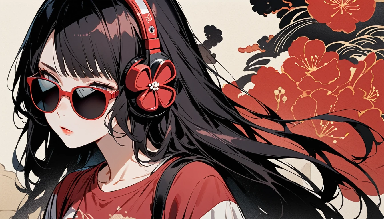 Highest quality, Katsushika Hokusai, Ink Painting, (((longhair))), (((1 girl))), (((Pale red T-shirt))), (((sunglasses))), Japanese style headphones, Red spider lily, beautiful girl, Black Hair, Delicate and precise, Modern ukiyo-e style