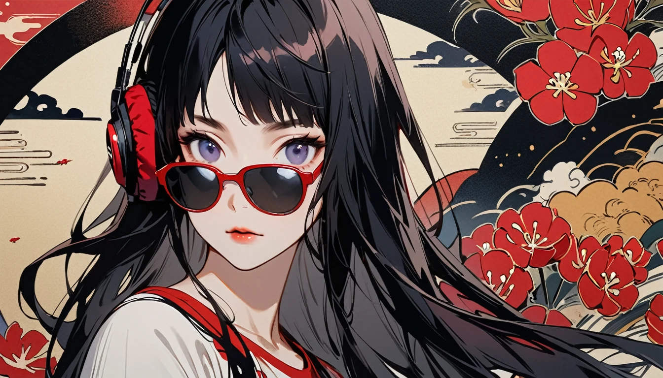 Highest quality, Katsushika Hokusai, Ink Painting, (((longhair))), (((1 girl))), (((Pale red T-shirt))), (((sunglasses))), Japanese style headphones, Red spider lily, beautiful girl, Black Hair, Delicate and precise, Modern ukiyo-e style