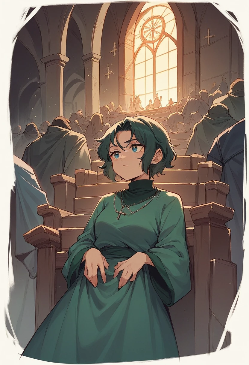 a lady with dark greenish faded blue clothes and very dark redish hair in a wooden church in a cave