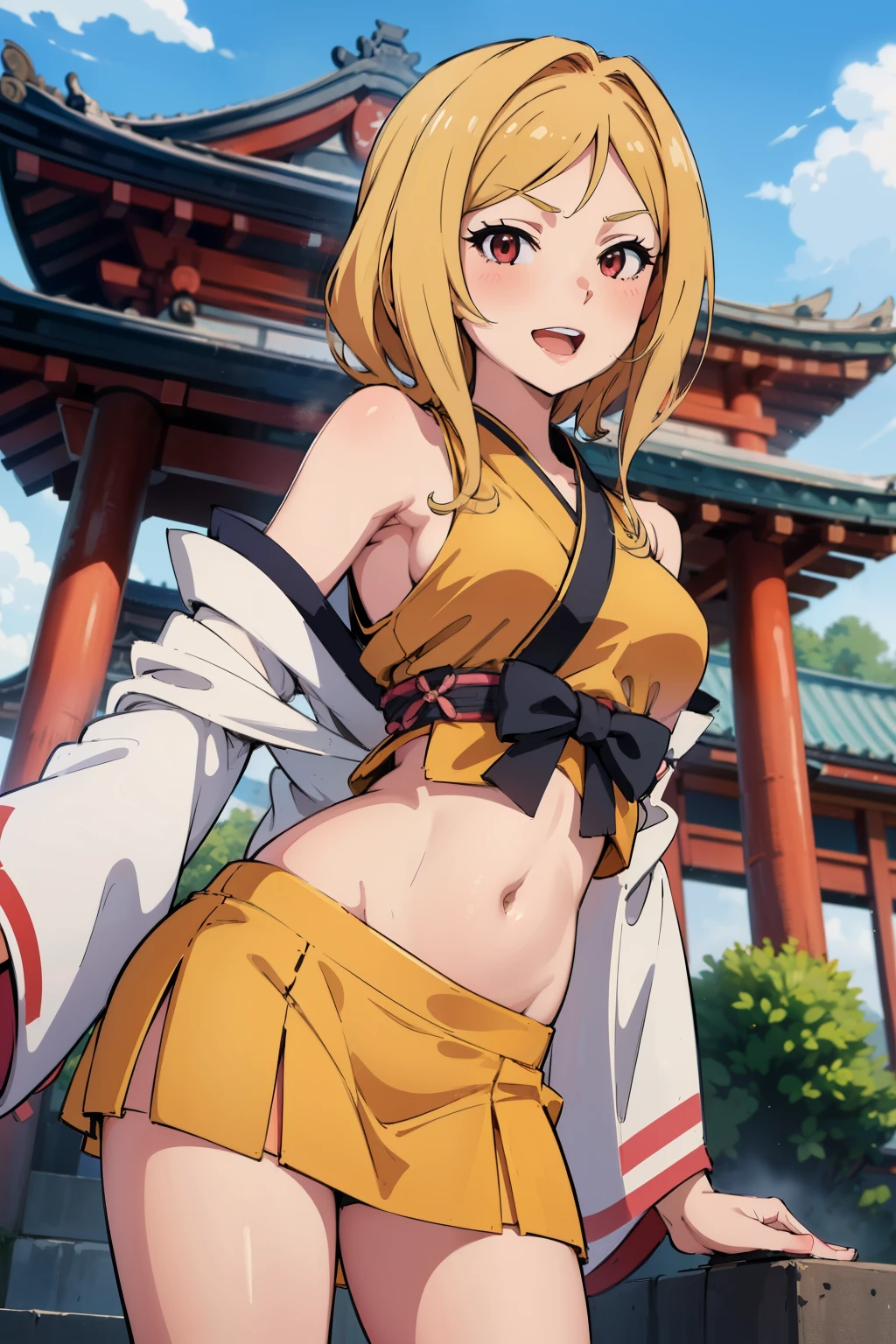 Rio Momose,  lipstick, blush,  masterpiece, best quality, highly detailed, a anime girls in kimono dress with a sword posing for a
picture, bare shoulder,open kimono, evil smile, open mouth, crop top , (nsfw) not safe for work, smile,
ecchi anime style, anime girls, ecchi style, ecchi, digital anime art!!, in anime style, official artwork, visual
novel cg, beautiful anime girl, anime style 4 k, kimono pencil skirt, exposed belly, exposed navel,
exposed midriff, exposed lower belly, outdoor, japanese architecture, temple